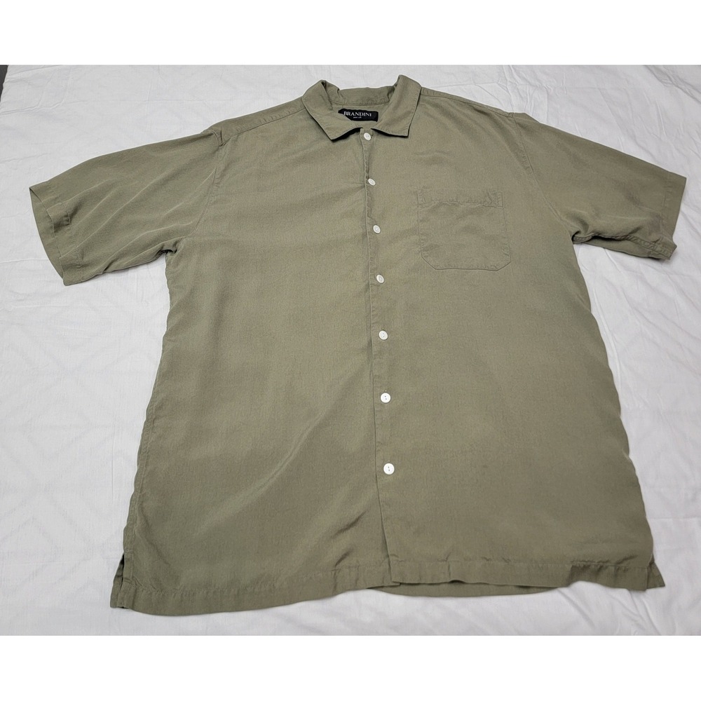 Brandini Mens Pure Silk Short Sleeve Button Down Shirt Olive Green Camp Collar